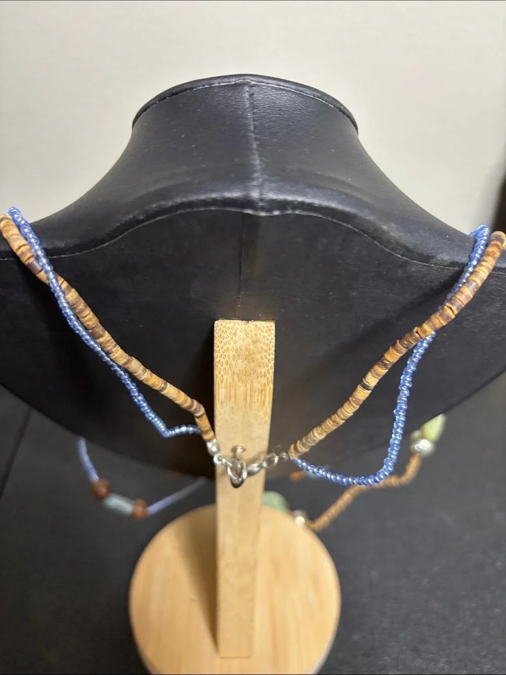 Handcrafted Boho Wood Muti Media Blue and Green Beaded Layered Necklace